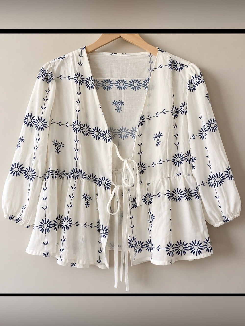 White & Navy Floral Tie-Front Women's Top
